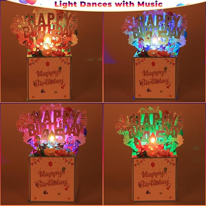 Tnvee 45TH Birthday Cards with Lights & Music & Candle, 3D Large Pop Up Happy Birthday Cards for Women Man Greeting Cards Decorations for 45 Years Old Mom Dad Wife Husband Friend