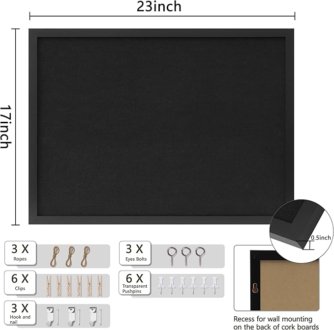 Cork Board with Linen Black,Bulletin Board 23"x17", Corkboards for Office Home School Message Board or Vision Board Decoration.