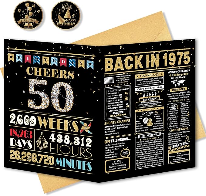 50th Birthday Card, 50th Birthday Gifts for Women Men, 50th Birthday Decorations for Him Her, Back in 1975 Birthday Card, Black Gold