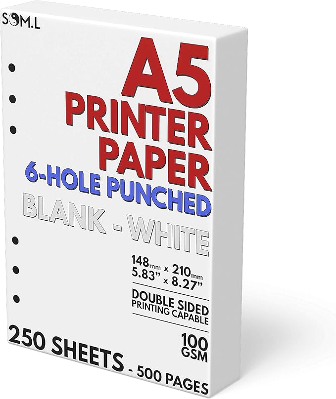 A5 Blank Paper 6-Hole Punched, 250 Sheets (500 Pages), 100 GSM, Printer Paper 148mm x 210mm (5.83 in. x 8.27 in.)