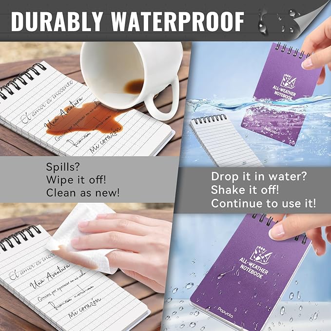 POPYOLA 4 Pack Waterproof Pocket Notebook, 3x5 Pocket Notepad, All Weather Mini Spiral Notepad, Write in the Rain Police Notepad with 100 Squared Pages for Outdoor Home Office School