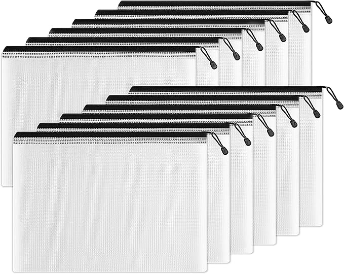 SUNEE Plastic Mesh Zipper Pouch 11x16 in (Black, 12 Packs) Extra Large Zip File Bags for Office Supplies, Cosmetics, Travel Storage, Bills, Accessories, Puzzles & Games Organizing Storage