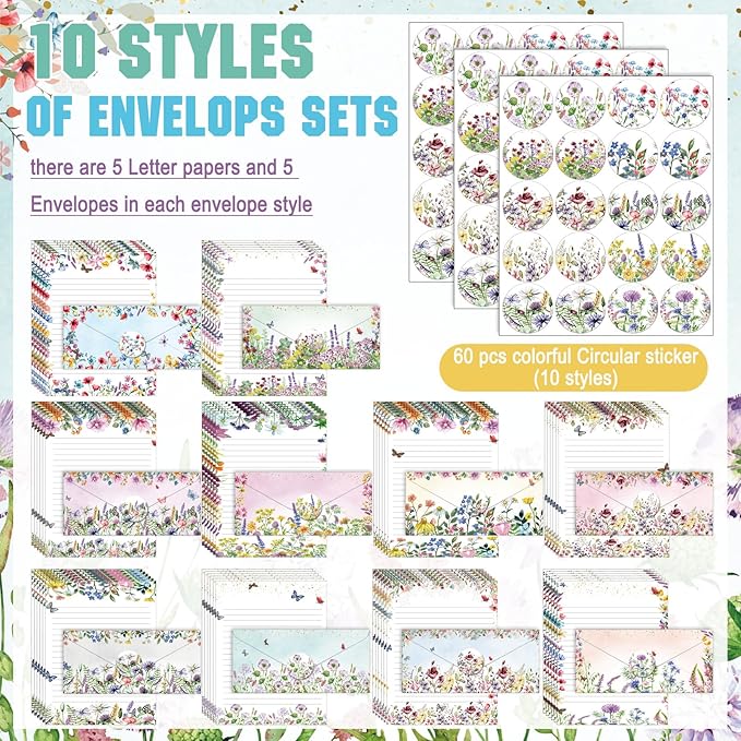 TaoBary 160 Packs Stationery Paper Set (50 Double Sided Stationery Writing Papers 50 Matching Envelopes) 60 Round Dot Sticker, 10 Design(Wildflower,8.5 x 11 Inch)