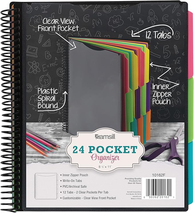 Samsill Deluxe 24 Pocket Spiral Project Organizer with Inner Zipper Pouch, Customizable Front Cover, 12 Dividers with Erasable Write-On Tabs in Fashion Colors, Plastic Folders with Pockets