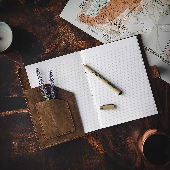 Refillable Leather Journal | Premium Lined A5 Notebook Cover | 200 Ruled Writing Pages | Card Holder Slot | Leather Bound Journals for Men & Women, Best Gift Travel Diary, Cool Planner