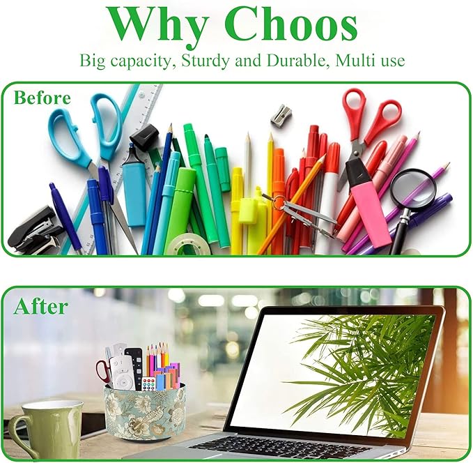 Hennaja Round Leather Art Supply Organizer,Remote Control Holder,360 Degree Rotating,Multi-Functional Pencil Holder,4 Compartments Desktop Stationary Organizer(1-Blue Bird)