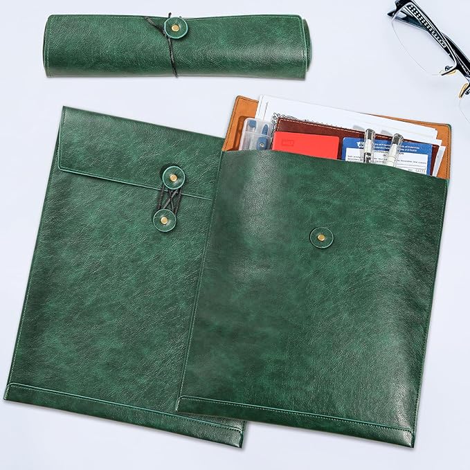 Green A4 PU Leather File Folders for Documents,Important Private File Organizer with String Tie Closure,Laptop Sleeve Notebook Case,Leather Portfolio Binder Envelopes, Filing Folder