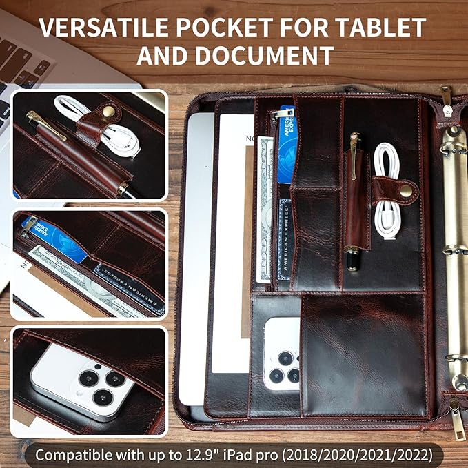 YIWEN Handmade Crazy-Horse Leather 3 Ring Binder Portfolio Padfolio Folder with Zipper for Men and Women, Business Organizer for Letter A4 Size for Meeting and Travel (Custom, Oil Wax-Dark Brown)