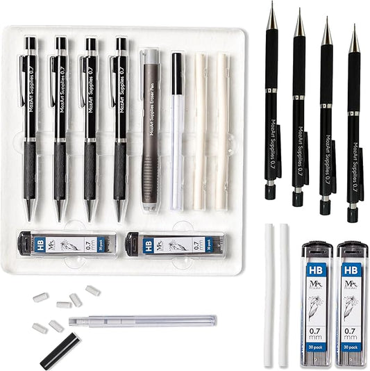 MozArt Mechanical Pencil 0.7mm Set with Case - With 2 x 30 HB Lead Refills, Eraser Pen With Refills -Sketch, Architecture, Drafting, Art, Drawing Supplies, Metal Mechanical Pencils