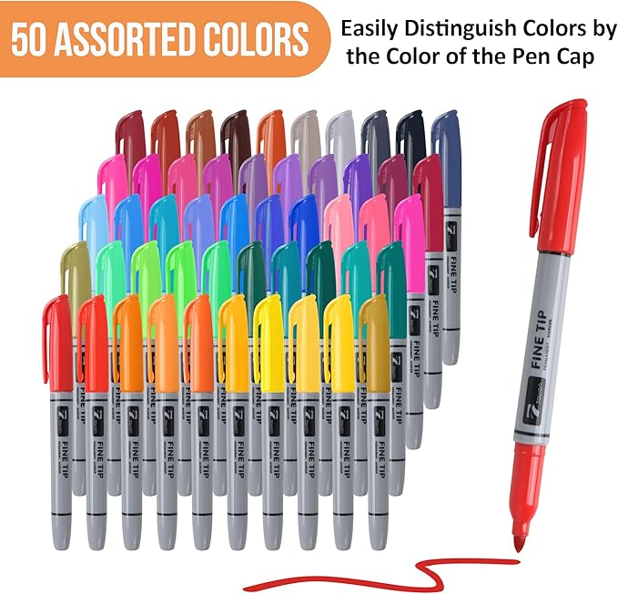 TOWON 100 Pack Permanent Markers Bulk - 50 Assorted Colors + 50 Black Waterproof Quick Drying Colored Pens Set for Classroom Home Office School Supplies, Adults Coloring Marking