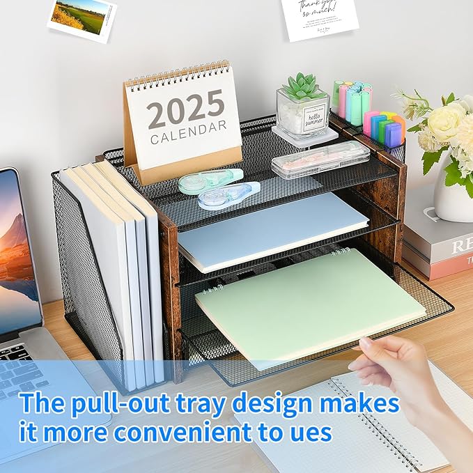 Desk Organizers and Accessories, Desk Accessories & Workspace Organizers for Office Supplies, File Organizer Desk Drawer Organizer with 2 Pen Holders, 4 Tier Paper Organizer for Desk(Wood)