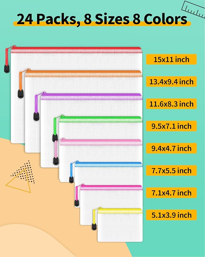 Smarpau 24pcs Mesh Zipper Pouch, 8 Sizes 8 Colors Plastic Zipper Bags for Organizing, Multipurpose Waterproof Zipper Document Pouches for Office, Travel, Home Board Game Storage