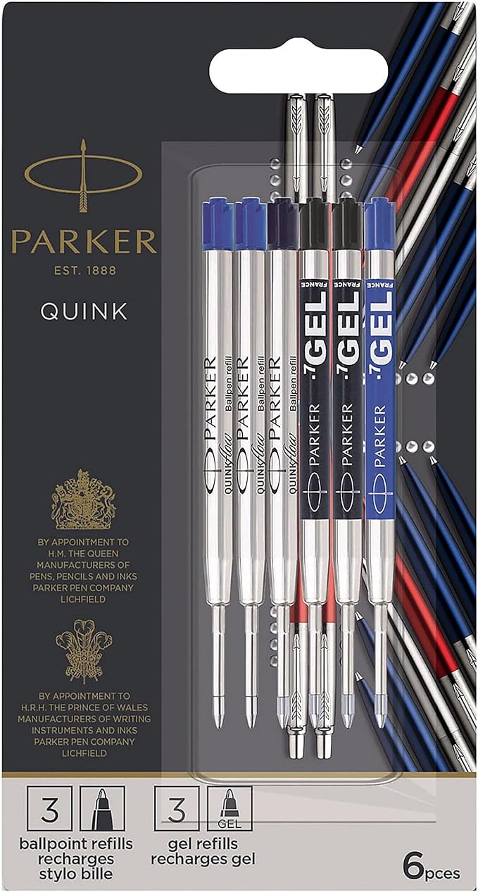 Parker Jotter London Ballpoint and Gel Pen Refill Discovery Pack: 3 Quinkflow Refills for Ballpoint Pens & 3 Quink Gel Refills