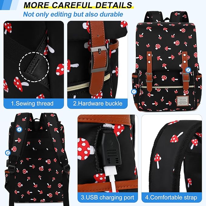 Vintage Travel Laptop Backpack with USB Charging Port, Business Outdoor Sports Bag for Men Women.(Mushroom)