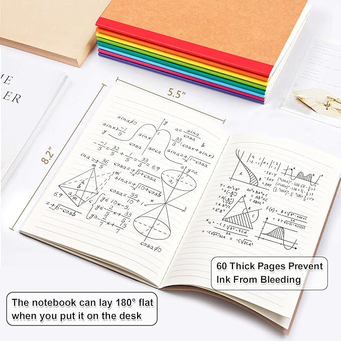 feela 16 Pack Composition Notebooks Bulk, Kraft Cover Lined Blank College Ruled Composition Travel Journals with Rainbow Spines For Women Students Business, 60 Pages, 8.3”x 5.5”, A5, 8 Colors