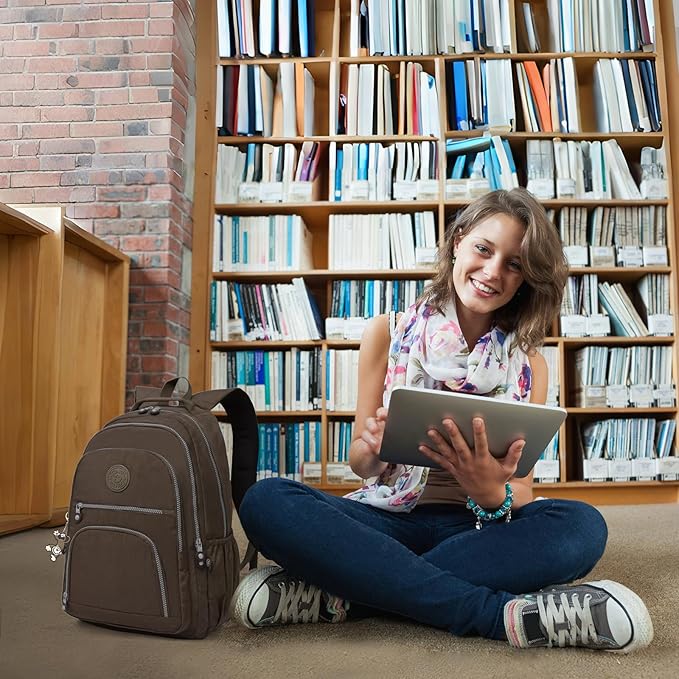 Casual Lightweight Travel Laptop Backpacks Water Resistant Large Nylon Backpack for Men Women Hiking Camping Cycling Packback Daypack, Fits 17.3 Inch Laptop and Notebook - Coffee