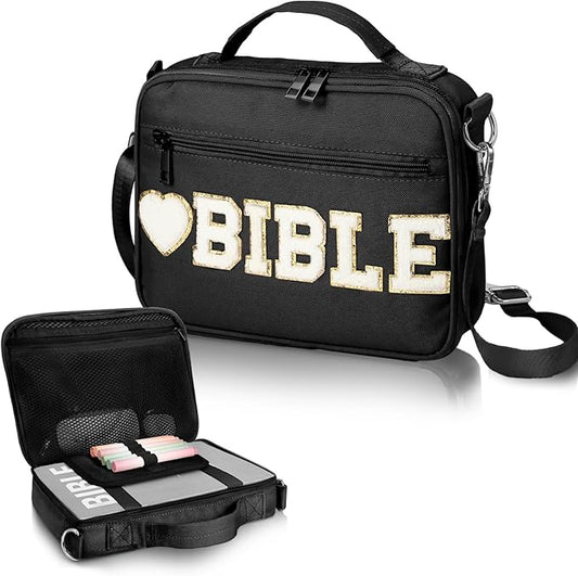 Silkfly Large Chenille Letter Bible Cover for Women Preppy Patch Bible Case Church Bible Bag with Handle(Black)