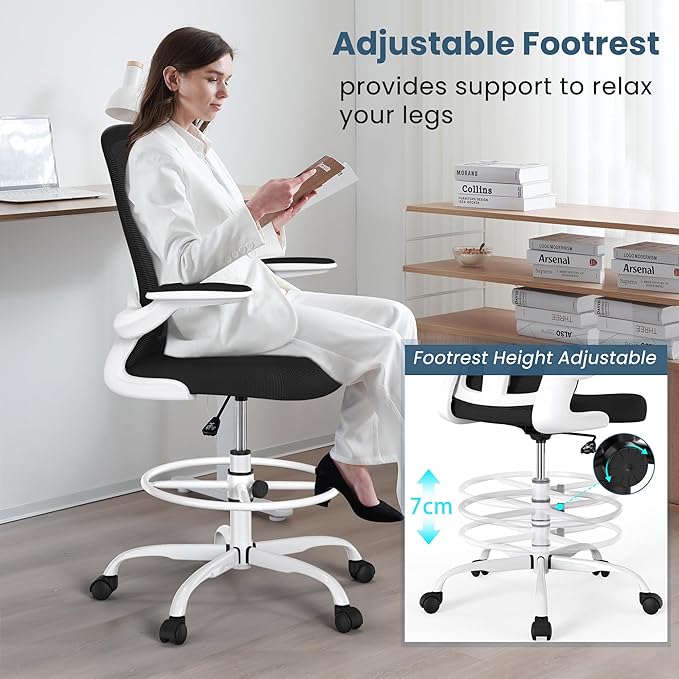 Drafting Chair, Tall Office Chair with Flip-up Armrests Executive Ergonomic Computer Standing Desk Chair, Office Drafting Chair with Lumbar Support and Adjustable Footrest Ring