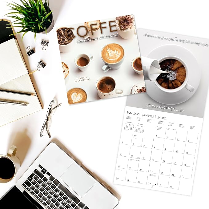 Graphique 2025 Coffee Wall Calendar | 12” x 12” | Thick Paper | Home & Office Organizer | Large Monthly Grid | 3 Languages & Marked Holidays | 4 Month Preview Page for 2026
