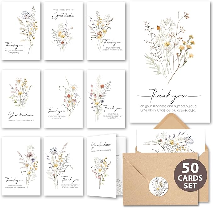 50 Pcs Funeral Thank You Cards with Envelopes Message Inside and Matching Stickers - Bulk 4×6 Watercolor Boho Wildflower Bereavement Thank You Cards for Funeral - Sympathy Thank You with Message Card