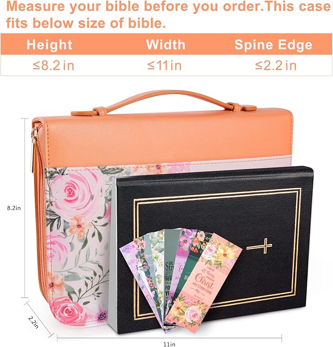 Bible Cover Case for Women with 7 Beautiful Paper Bookmarks Floral PU Leather Bible Cover Bag with Pockets and Zipper for Standard and Large Size Study Bible 10.8"x7.8"x2" (Coral Floral)