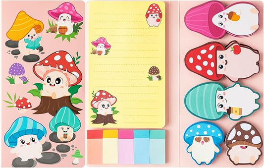 B1ykin Sticky Notes Set - Cartoon Theme Cute Self-Stick Notes Pad Teacher Appreciation Gifts， Self-Adhesive Writing Memo Pages Sticky to Do Notepad for Kids Employee School Office (Mushroom)