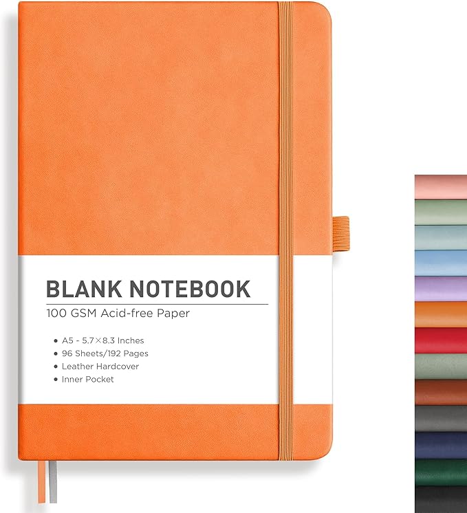 RETTACY Blank Journal Notebook, A5 Blank Journal with 192 Pages, 5.7'' × 8.3'' Medium Size, 68 LB/100 GSM Thick Paper, Leather Hardcover, for Sketching, Drawing, Painting (Orange)