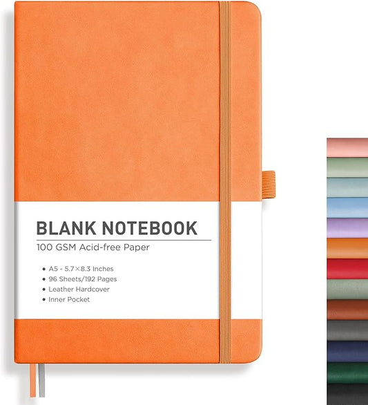 RETTACY Blank Journal Notebook, A5 Blank Journal with 192 Pages, 5.7'' × 8.3'' Medium Size, 68 LB/100 GSM Thick Paper, Leather Hardcover, for Sketching, Drawing, Painting (Orange)