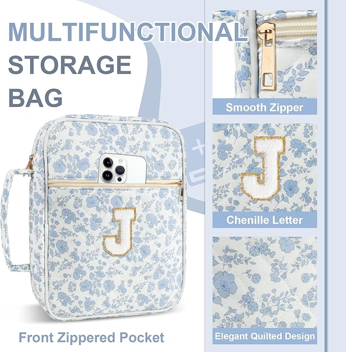 Personalized Initial Bible Cover Case for Women Girls Kid - Large Quilted Bible Case with Handle, Stylish Chenille Letter Bag Study Supplies, Perfect Christmas Gifts for Christians (Blue Flower-J)