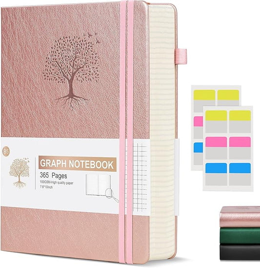 Graph Paper Notebook Journal, 360 Numbered Pages Grid Notebooks, Thick 100gsm Graphing Paper Notebook Journals for Women Men, B5 Large Hardcover Leather Graph Notebook 7.6'' X 10'' Pink