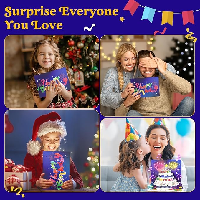 3D Pop-Up Birthday Card with LED Lights & Blowable Candle – Interactive Music Greeting Card for Women, Men, Kids Blue