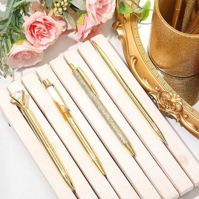 Sabary 8 Pcs Ballpoint Pens with Pen Holder for Desk Glitter Crystal Diamond Fancy Pencil Holder Bling Desk Organizer Cute Stationery Supplies for Women Girls Wedding Office School Gifts(Gold)