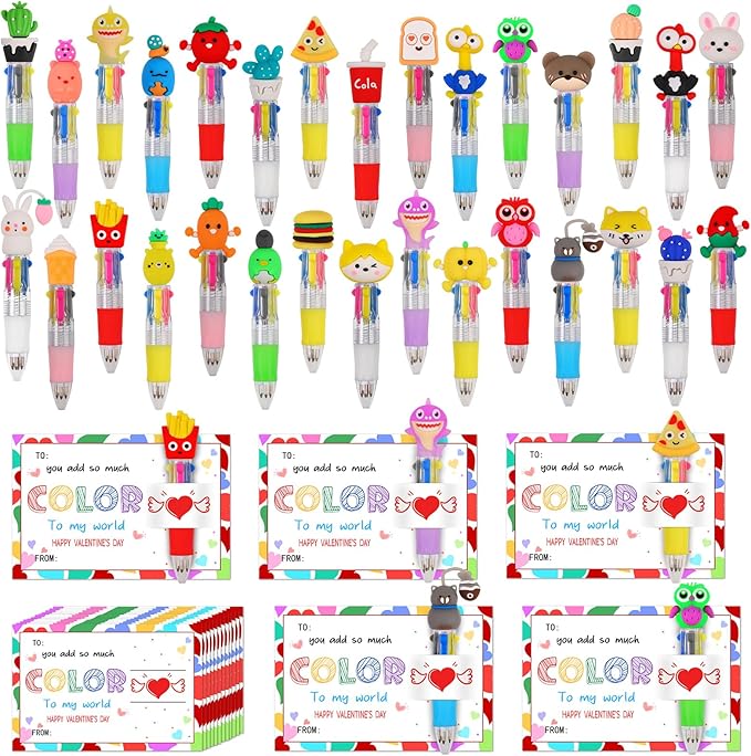 30 Set Cute Multicolor Pens in One 4-in-1 Fun Pens Bulk with 30 Valentines Day Cards for Valentine's Day Party Student Colleagues Greeting Exchange Gift Office School