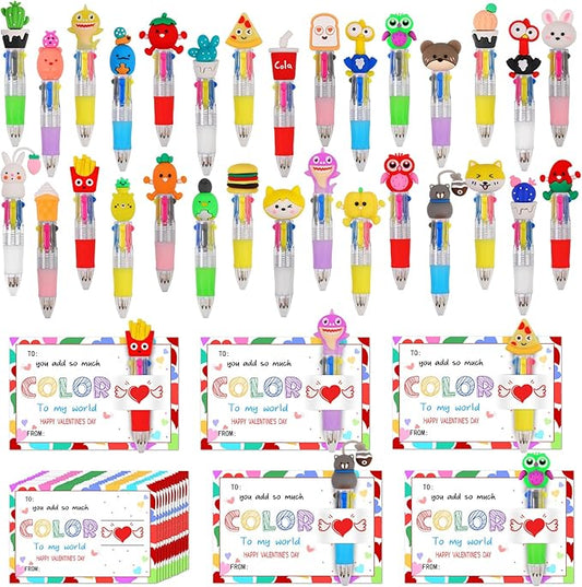 30 Set Cute Multicolor Pens in One 4-in-1 Fun Pens Bulk with 30 Valentines Day Cards for Valentine's Day Party Student Colleagues Greeting Exchange Gift Office School