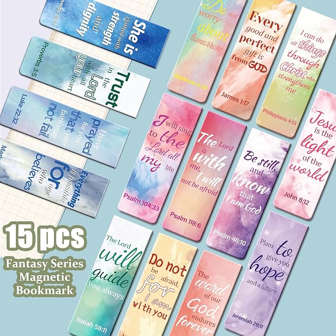 Magnetic Bookmarks, Kaluofan 15PCS Large Bible Quotes Magnetic Christian Bookmarks, Bookmarks for Women, Double Sided Magnet Book Markers, Book Marks for Reading Women Students Teachers Supplies
