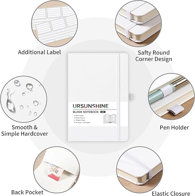 Blank Journal/Notebook - Classic Notebook/Journal with Ribbon Divider, Hardcover with Thick Paper, 5.3'' x 8.26'', Banded + Pen Holder +Inner Pocket - White