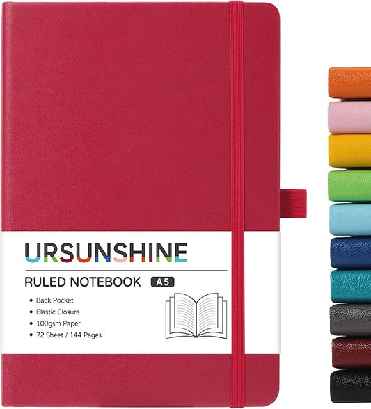 Ruled Notebook/Journal - Classic Lined Journal/Notebook, Hardcover with Thick Paper, 5.3" x 8.26", Banded + Pen Holder +Inner Pocket - Burgundy