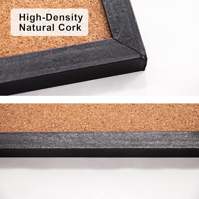 Black Cork Board Bulletin Board, 17.7"X 13.3" pin Boards for Walls, Oak Wood Finish Frame, Wall Mounted Cork Board for Office Home and School(Pins, Eye Bolts, gaskets, Screws)