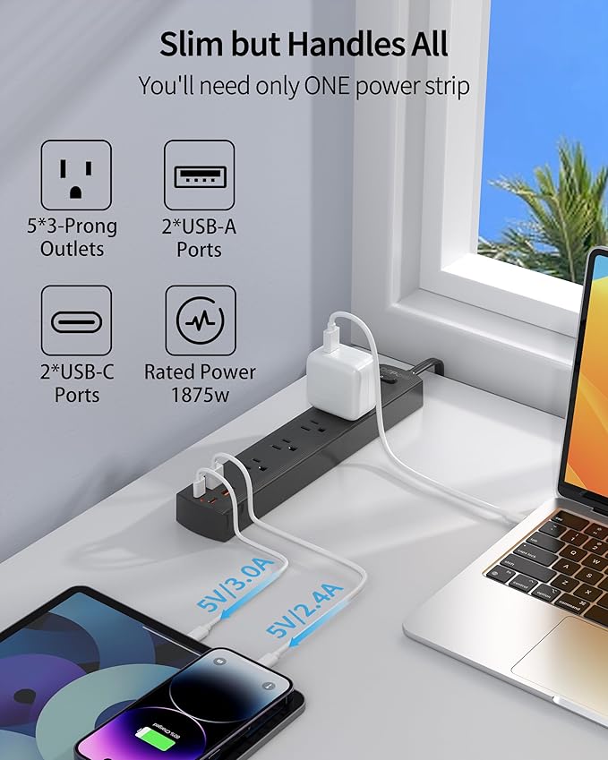 Surge Protector Power Strip(1875W/15A), 10 Ft Flat Extension Cord with 5 AC Outlets 4 USB Ports(2 USB C), 1700 Joules, Flat Plug, Wall Mount for Home Office, Dorm Essentials, Black