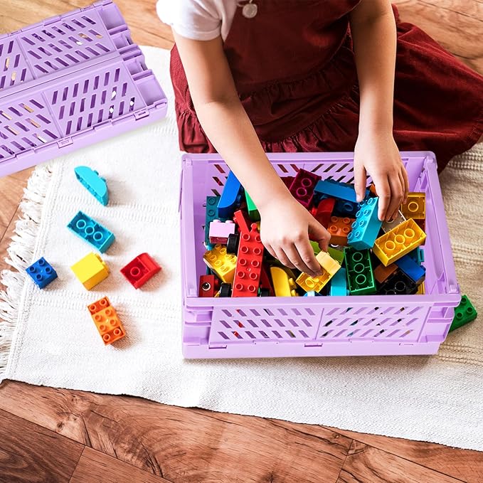 Tixill 2-Pack Mini Foldable Plastic Baskets for Organizing and Storage, Collapsible Storage Crate for Home Kitchen Bedroom Bathroom Office (5.9x3.8x2.2, Purple)