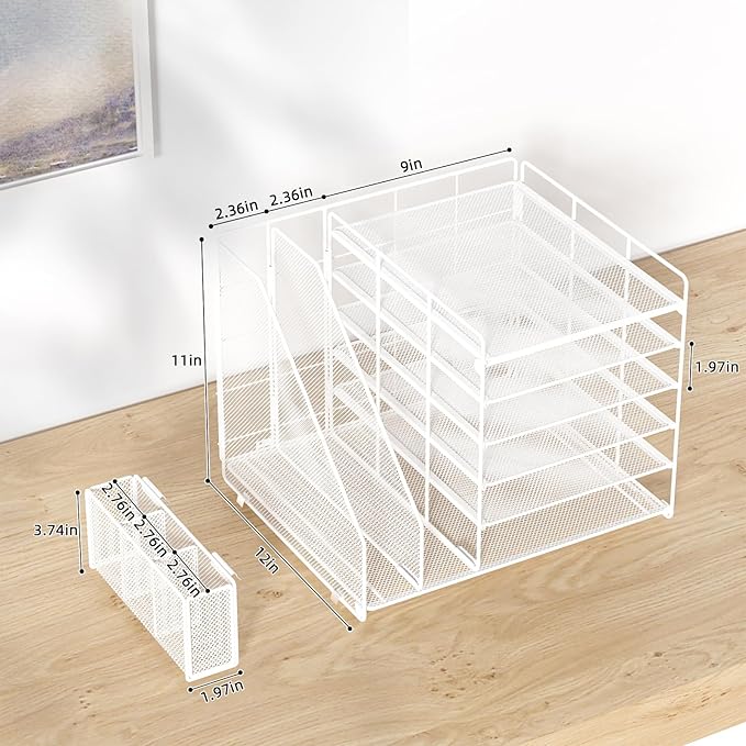 Desk Organizer, 6 Tier File Organizer Paper Tray with File Holder Pen Holder, Mesh Office Desk Accessories & Workspace Organizers (White)