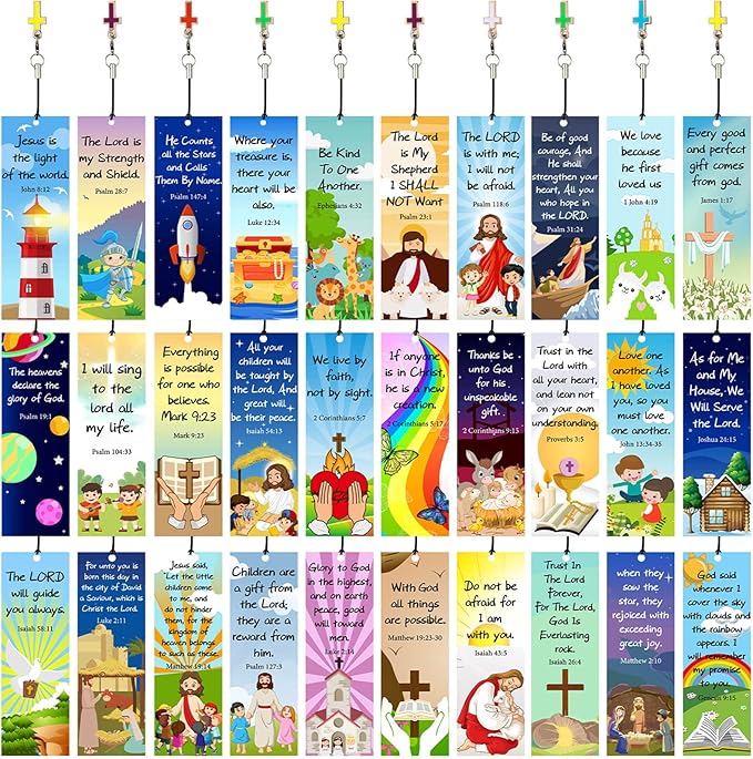 30 Pieces Christian Bookmarks for Kids Bible Verse Bookmarks with Cross Pendants Scripture Inspirational Quotes Bookmarks School Gifts Church Supplies for Kids Teens Adult Teachers