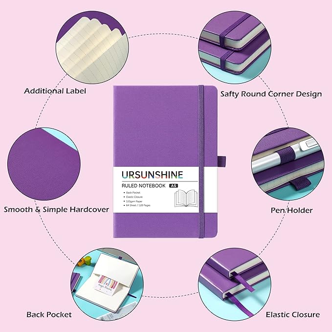 Ruled Notebook/Journal - Classic Lined Journal/Notebook, 5.3'' x 8.26'', Hardcover with Thick Paper, Banded + Pen Holder +Inner Pocket - Purple
