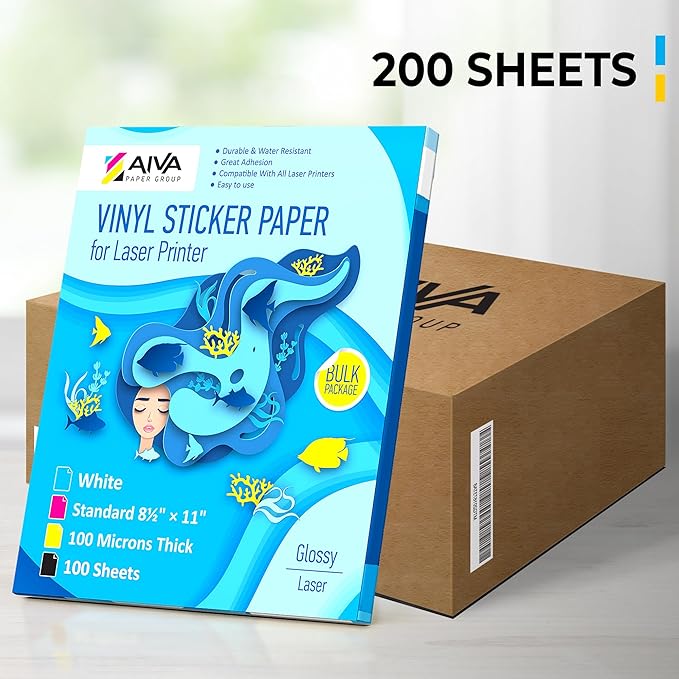 Printable Vinyl Sticker Paper for Laser Printer - Glossy White - 200 Self-Adhesive Sheets - Waterproof Decal Paper - Standard Letter Size 8.5"x11"