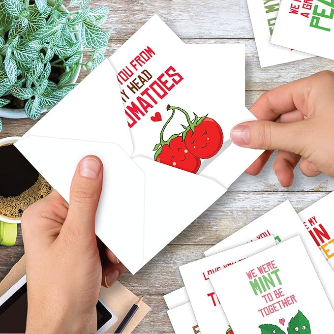 The Best Card Company - 10 Funny Assorted Blank Humor Notecards Box Set 4 x 5.12 Inch w/Envelopes Loving Cartoons for Men, Women (10 Designs, 1 Each) - Romantic Yummy Puns M5659OCB-B1x10