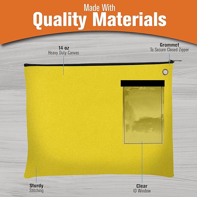 BankSupplies Canvas Interoffice Mailer, 14 oz. - 14W x 11H - Yellow - Transit Bag - Large Zipper Bag with Grommet - Use with Padlock or Zip Tie for Security - Interoffice Mail Bag