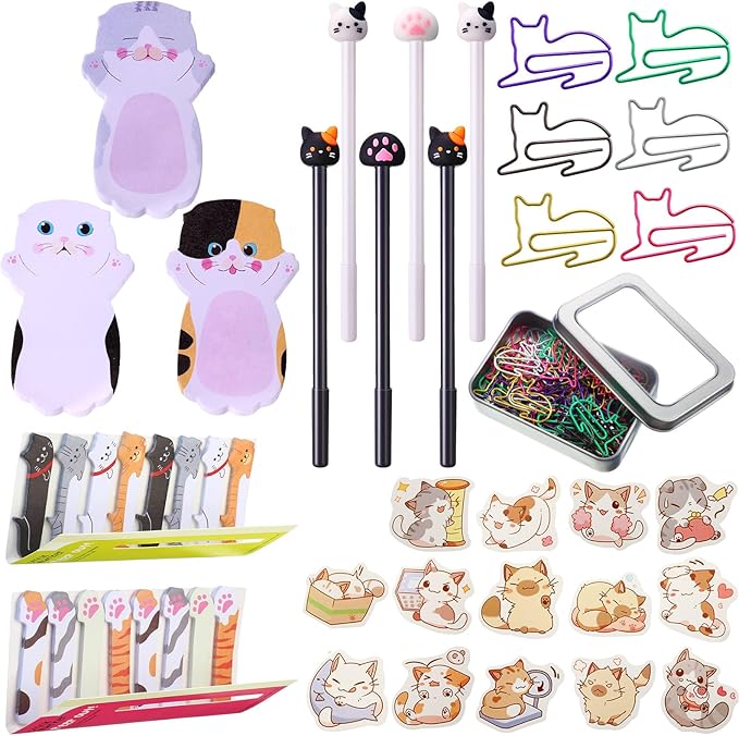 Outus Cat Office Supplies Cute Sticky Notes Paper Clips Gel Ink Pens Cartoon Stickers Party Favor for Cat Lovers Stationery School Office Supplies Desk Accessories(Funny Style)