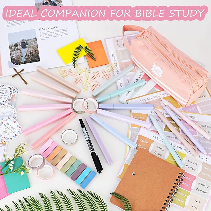 47 Pcs Bible Study Supplies,Bible Journaling Kit for Women, Morandi Bible Study Kit with Pastel Bible Highlighters and Tabs,Bible Pens,Sticky Notes,Bible Annotation Kit