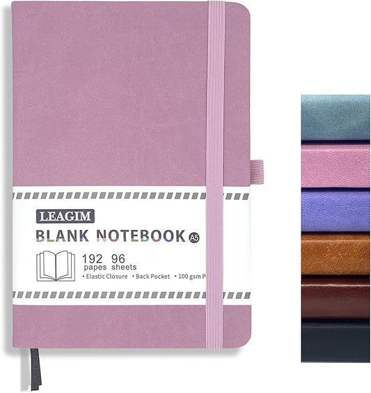 Blank Journal Notebook, A5, 192 Pages 100 GSM Thick Sketch Book for Women Men, Hardcover Leather Unlined Journaling for Work, Notebooks for Writing, 5.8 inches x 8.5 inches (Pink)