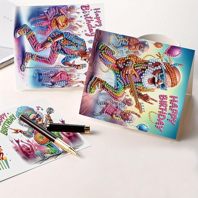 6 Pieces Diamond Art Painted Greeting Cards, Trendy Music Elderly 5D DIY Special Shape Diamond Card Creative Gifts, Christmas Thanksgiving Greeting Cards Congratulation